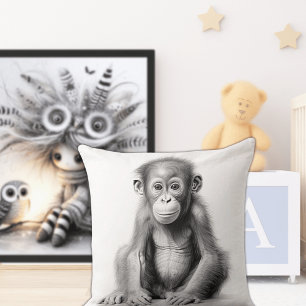 Black & White Baby Chimpanzee Square Throw Pillow