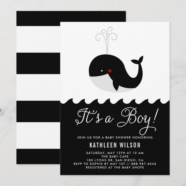 Black & White Baby Whale It's a Boy Baby Shower Invitation (Front/Back)