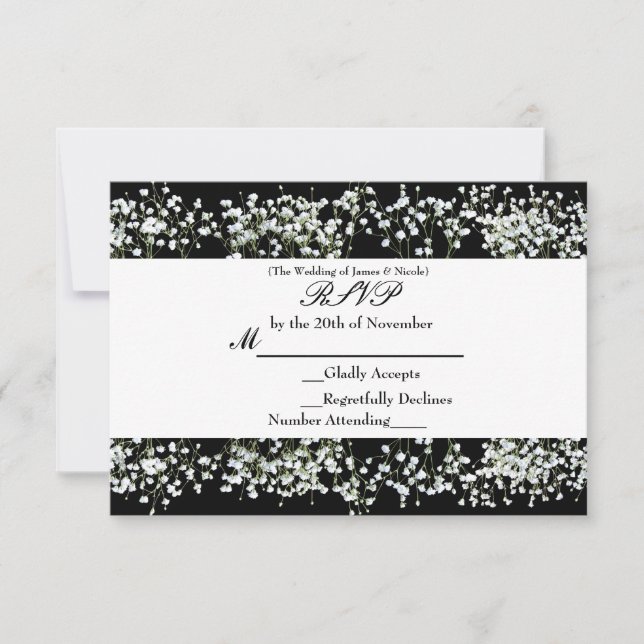 Black & White Babys Breath Floral RSVP card (Front)