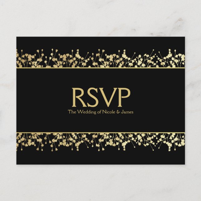 Black & White Babys Breath Wedding RSVP Card (Front)