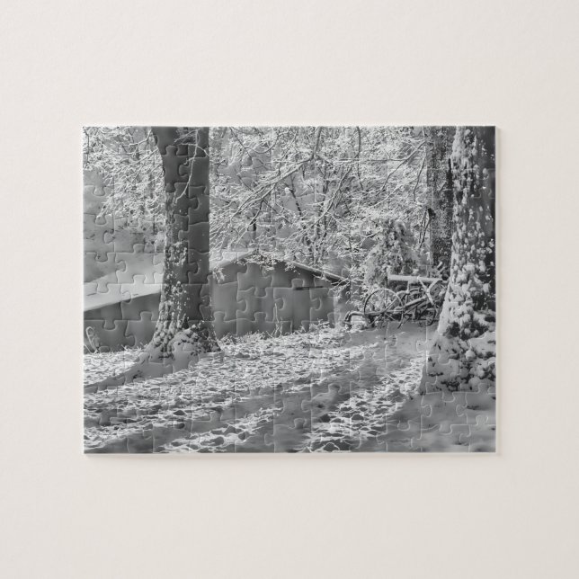 Black & White Backlit Rural Snow Scene Photography Jigsaw Puzzle (Horizontal)
