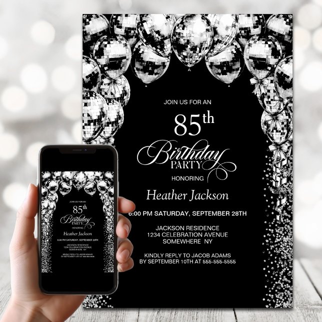 Black White Balloons 85th Birthday Party Invitation (Creator Uploaded)