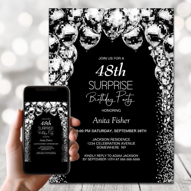 Black White Balloons Any Age Surprise Birthday Invitation (Creator Uploaded)
