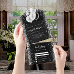Black white balloons glitter birthday rsvp all in one invitation<br><div class="desc">A black background,  decorated white balloons,  with white and faux silver glitter sparkles on the inside.  Personalize and add names,  party details,  RSVP date,  return address and name.</div>