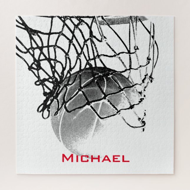 Black & White Basketball Add Your Name Jigsaw Puzzle (Vertical)