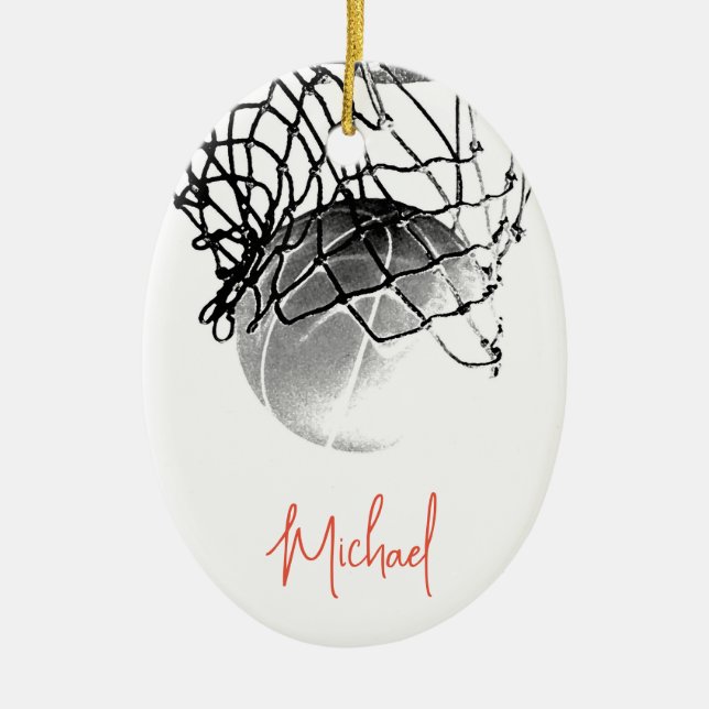 Black & White Basketball Ball & Net Your Name Ceramic Ornament (Front)