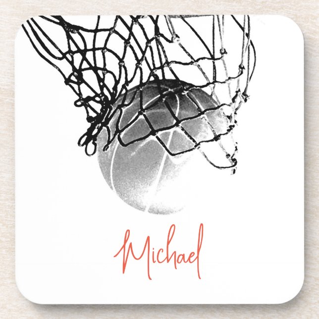 Black & White Basketball Ball & Net Your Name Coaster (Front)