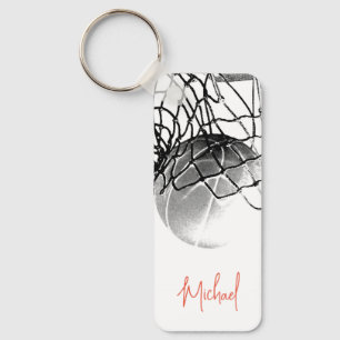 Black & White Basketball Ball & Net Your Name Keychain