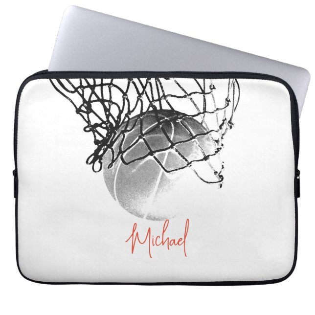 Black & White Basketball Ball & Net Your Name Laptop Sleeve (Front)