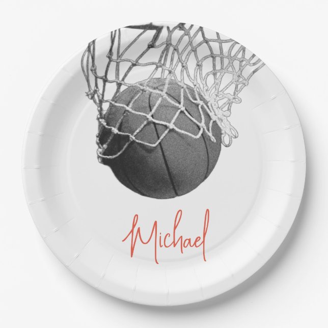Black & White Basketball Ball & Net Your Name Paper Plate (Front)