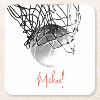 Black & White Basketball Ball & Net Your Name Square Paper Coaster