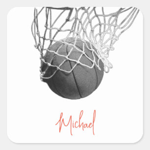 Black & White Basketball Ball & Net Your Name Square Sticker
