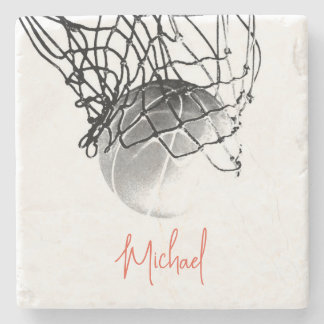 Black & White Basketball Ball & Net Your Name Stone Coaster