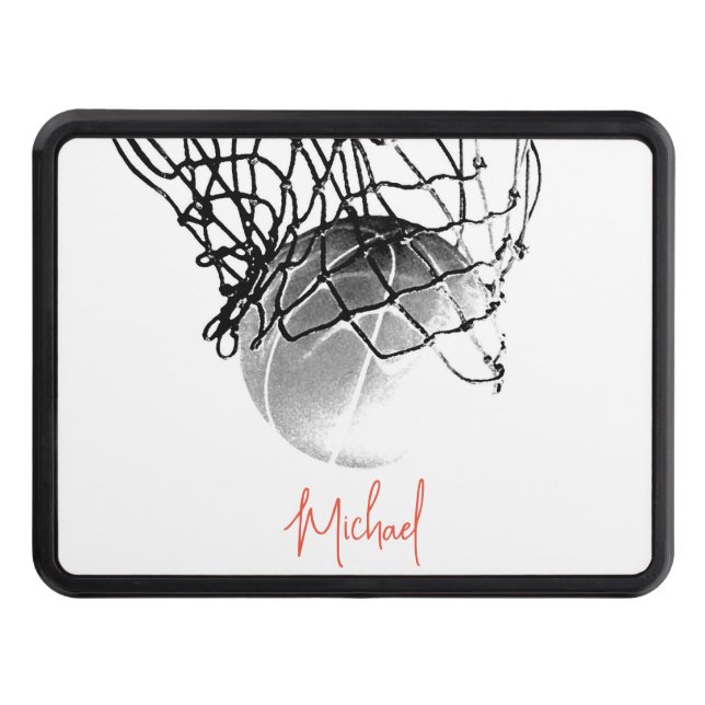 Black & White Basketball Ball & Net Your Name Trailer Hitch Cover (Front)
