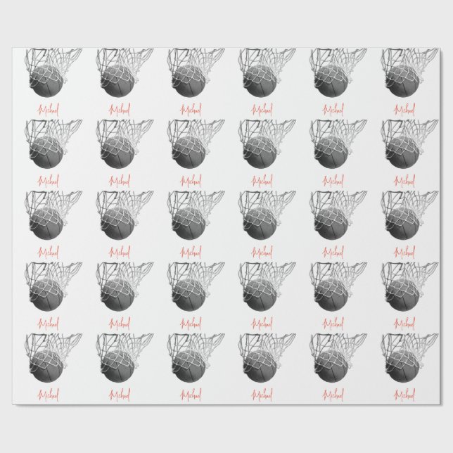 Black & White Basketball Ball & Net Your Name Wrapping Paper (Flat)