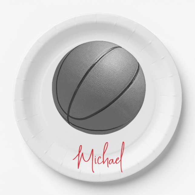 Black & White Basketball Your Name Custom Paper Plate (Front)