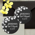 Black White Bat Mitzvah Party Favour Classic Round Sticker<br><div class="desc">Modern black bat mitzvah party favour sticker with beautiful wild flowers is easily customized. Botanical artwork can be resized and repositioned along with your wording. Easily change the background colour on this floral black and white bat mitzvah sticker seal. This template is easily customized for any black birthday party themes....</div>