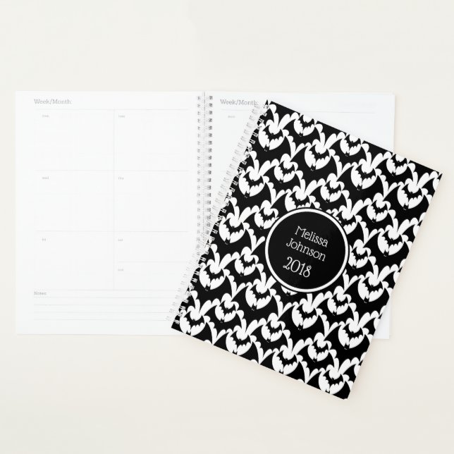 Black & White Bats Horror Pattern Name Personalize Planner (Display)