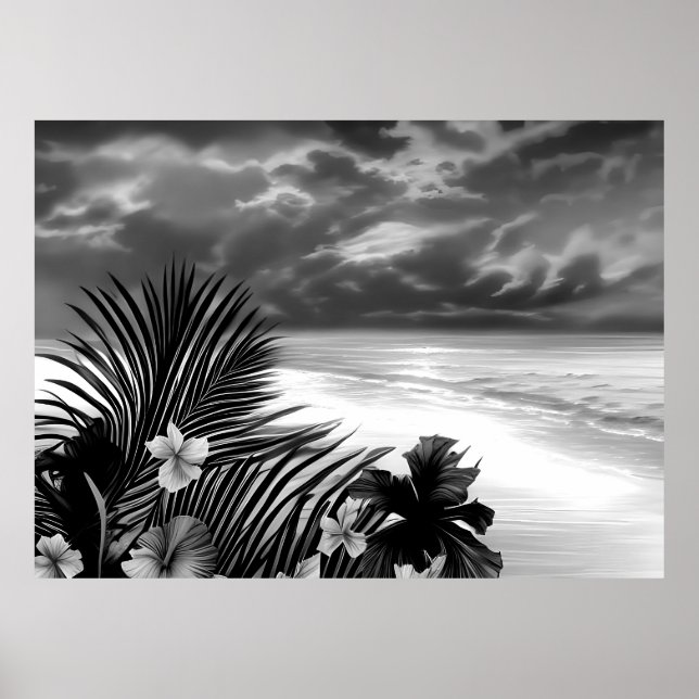 Black white Beach Ocean Palm Hibiscus flowers Poster (Front)