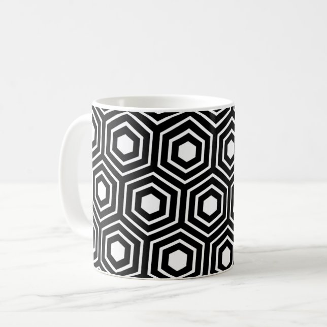 Black White Beehive Hexagon Stripes Pattern Coffee Mug (Front Left)