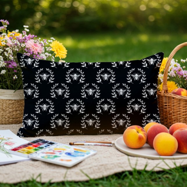 Black & White Bees Laurel Wreaths Pattern Outdoor Lumbar Pillow (Creator Uploaded)
