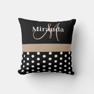 Black White Beige Monogram Script Polka Dots Throw Pillow