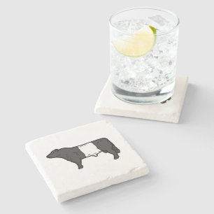 Black White Belted Galloway Beltie Cows Bull Logo Stone Coaster