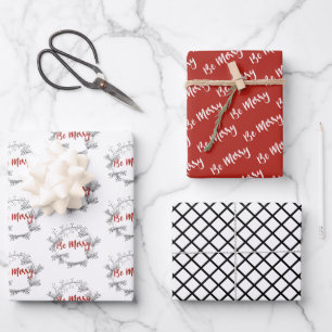 Black & White Berry Wreath Red Brush Lettering Wrapping Paper Sheet
