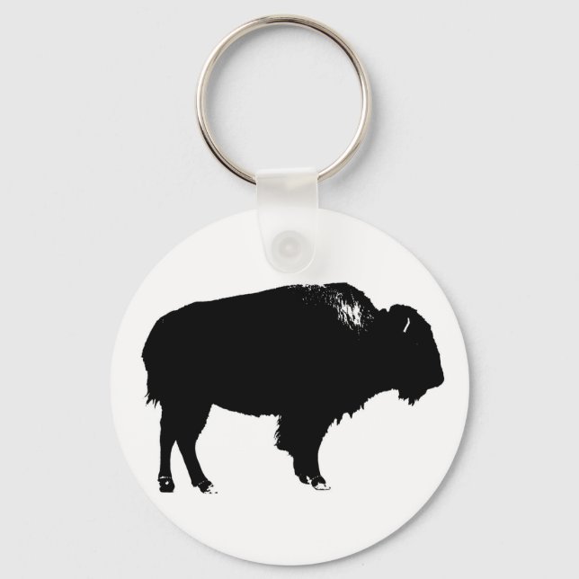 Black & White Bison Buffalo Silhouette Pop Art Keychain (Front)