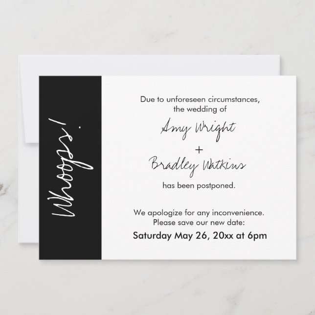 Black White Block Whoops! Postponed Wedding Card (Front)
