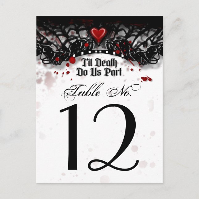 Black White Blood Splatter Til Death Table Number Postcard (Front)
