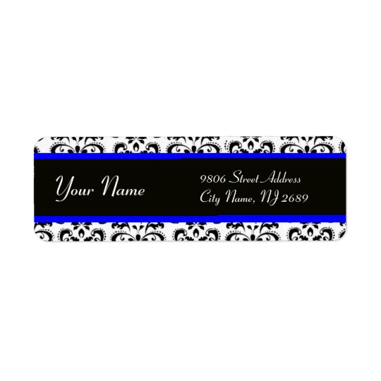 BLACK WHITE BLUE DAMASK RETURN ADDRESS LABEL