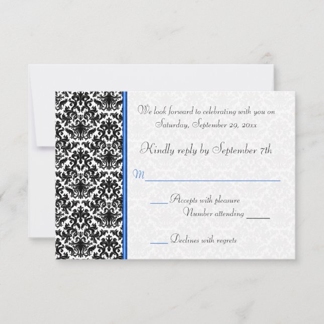Black, White, Blue Damask RSVP Card (Front)