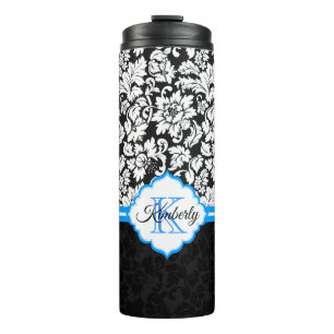 Black White & Blue Damask Thermal Tumbler