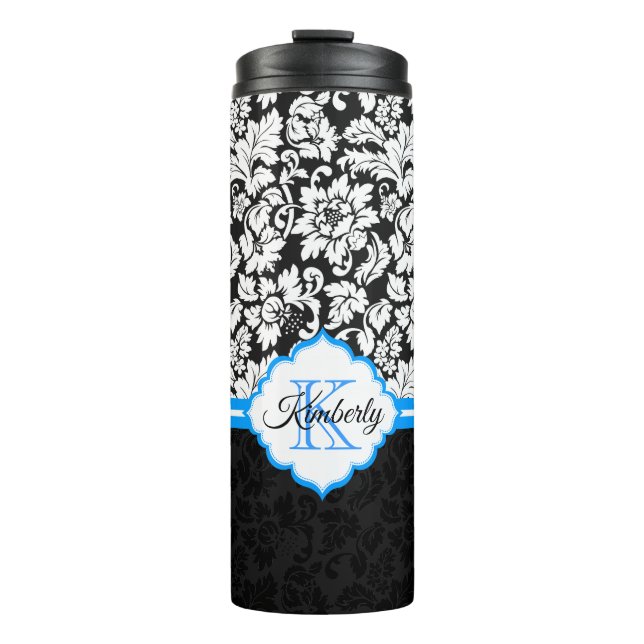 Black White & Blue Damask Thermal Tumbler (Front)