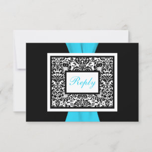 Black, White, Blue Damask with FAUX Ribbon RSVP