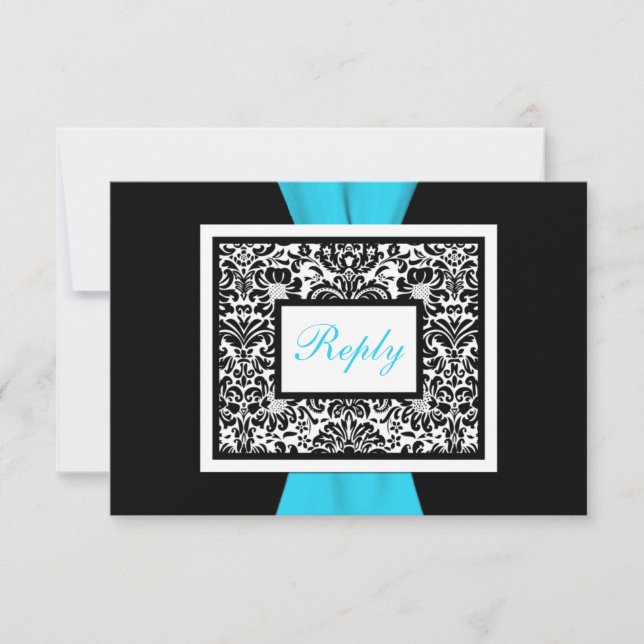 Black, White, Blue Damask with FAUX Ribbon RSVP Card (Front)
