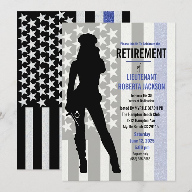 Black White Blue Flag Police Woman Retirement   Invitation (Front/Back)