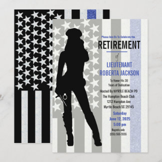 Black White Blue Flag Police Woman Retirement   Invitation