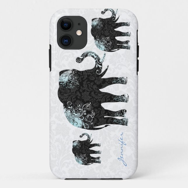 Black White & Blue Floral Elephants & Damasks Case-Mate iPhone Case (Back)