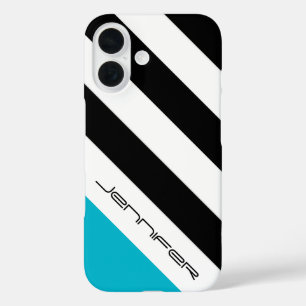 Black, White, Blue Modern Stripe, Name iPhone 16 Case