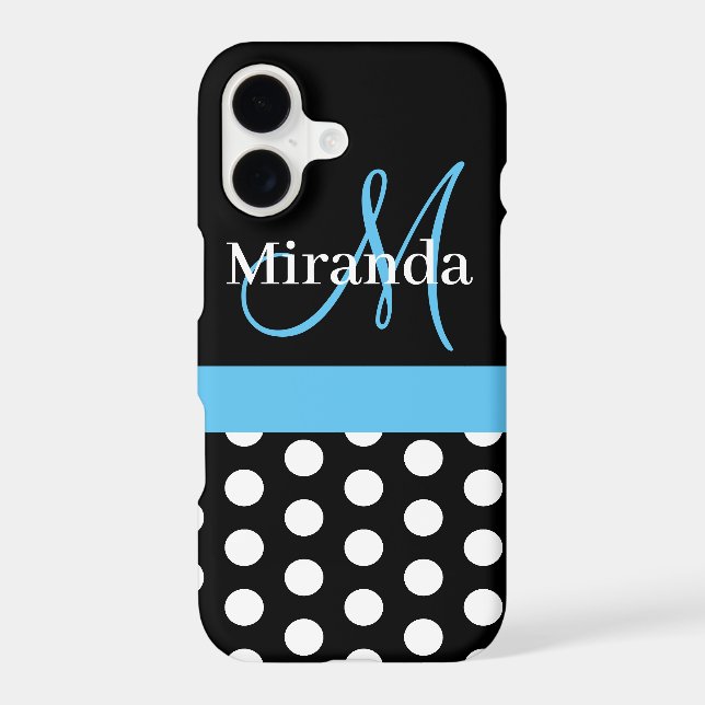 Black White Blue Monogram Script Polka Dots (Back)