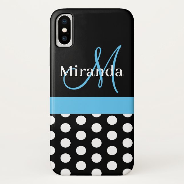 Black White Blue Monogram Script Polka Dots Case-Mate iPhone Case (Back)