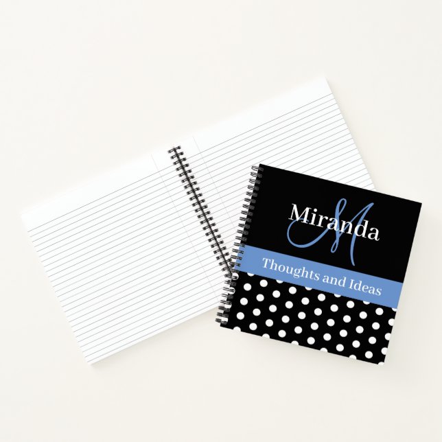 Black White Blue Monogram Script Polka Dots Notebook (Inside)