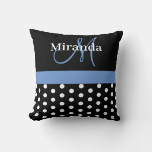 Black White Blue Monogram Script Polka Dots Throw Pillow