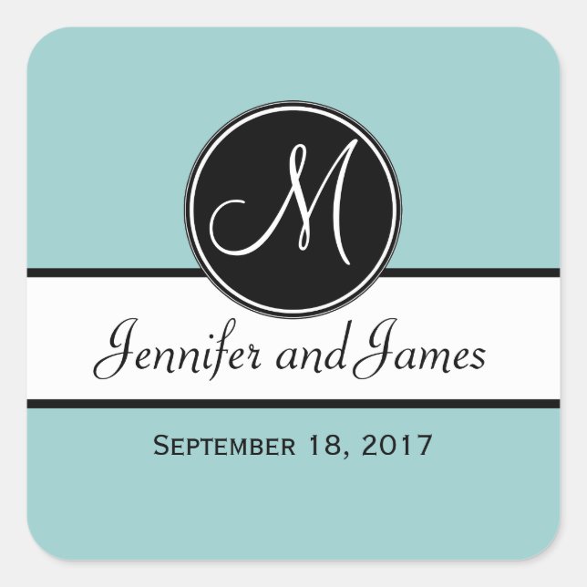 Black White Blue Monogram Wedding Favour Sticker (Front)