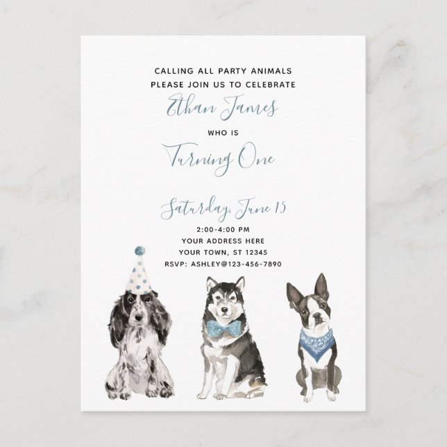 Black White Blue Script Boy's 1st Birthday Party Invitation Postcard (Front)