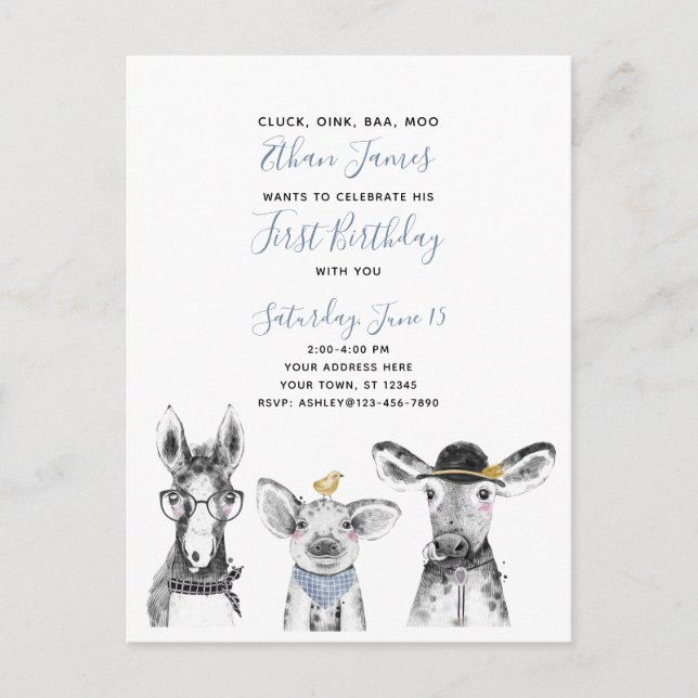 Black White Blue Script Farm Birthday Invitation Postcard (Front)