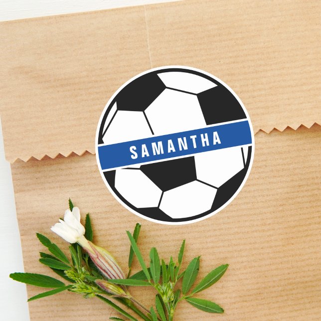 Black White & Blue Soccer Football Sports Monogram Classic Round Sticker (Creator Uploaded)