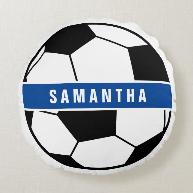Black White & Blue Soccer Football Sports Monogram Round Pillow (Front)